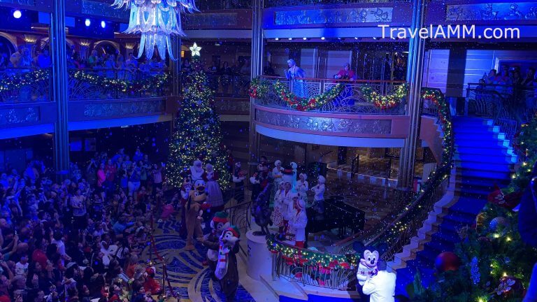 Snow falling in the atrium after the Disney Dream Christmas tree lighting ceremony