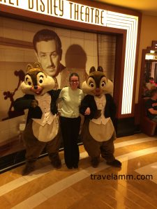 Anne-Marie, Chip and Dale on Formal Night in front of the Walt Disney Theater on the Disney Fantasy