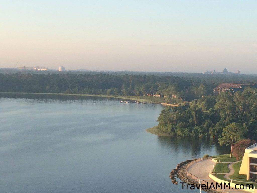Sunrise view of Bay Lake with Epcot and the Hollywood Studios in the far distance