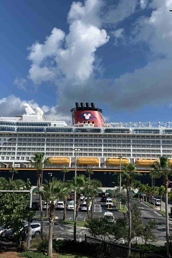View of the Disney Dream from the parking garage at Port Canaveral in 2018