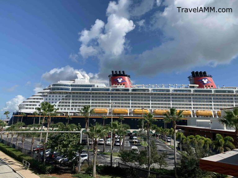 View of the Disney Dream from the parking garage at Port Canaveral in 2018