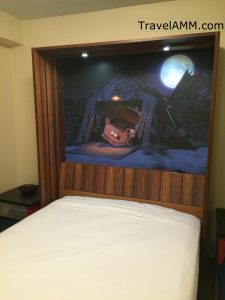 Open murphy bed in Cars Family Suite at Disney's Art of Animation Resort. TravelAMM.com