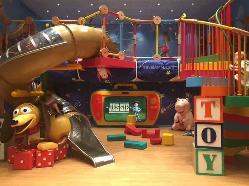 The kids club on the Disney Wonder has a huge Toy Story play area including an indoor slide.