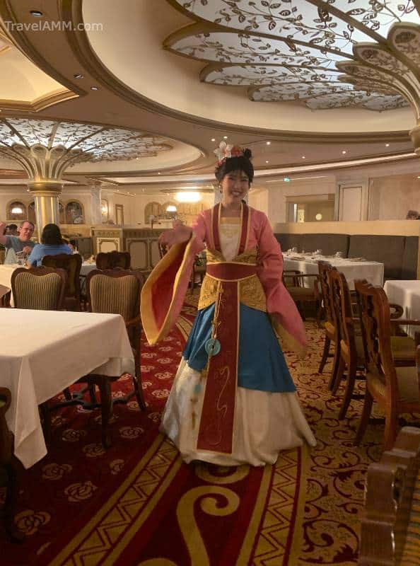Mulan walking through Royal Court on the Disney Fantasy during dinner in September 2021