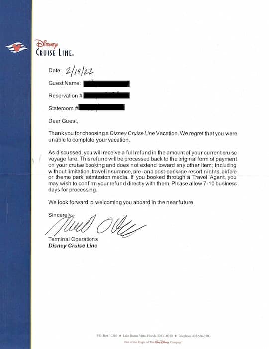 Disney Cruise Line Letter regarding refund at port after testing covid positive that morning