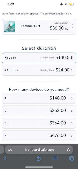 Screenshot of the Disney Cruise Line Navigator App and the Basic Surf internet package pricing on embarkation day.