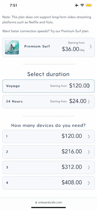 Screenshot of the Disney Cruise Line Navigator app showing the cost of the Basic Surf Internet Package on the Second Day of the voyage.