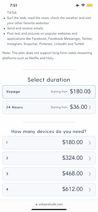 Screenshot of the Disney Cruise Line Navigator App and the Premium Surf internet package pricing on the second day of the cruise.