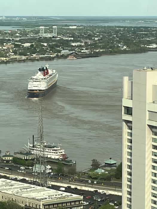 Disney Magic turning river bend to continue sailing out to Gulf of Mexico