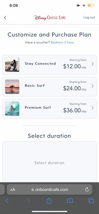 Screenshot from the Disney Cruise Line Navigator App showing the 3 tiers of internet offered and the per day starting cost.