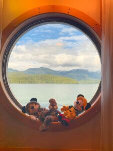 View of Alaskan mountains as seen from an oceanview room on the Disney Wonder