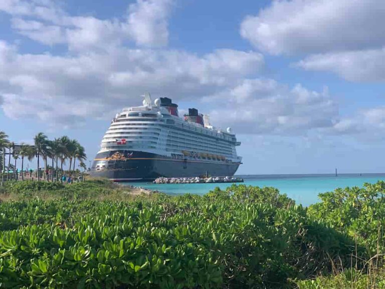 Disney Fantasy docked at Disney Castaway Cay in March 2024