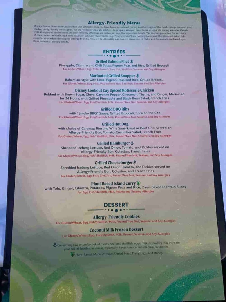 Allergy Menu for Disney Cruise Line's Lookout Cay at Lighthouse Point